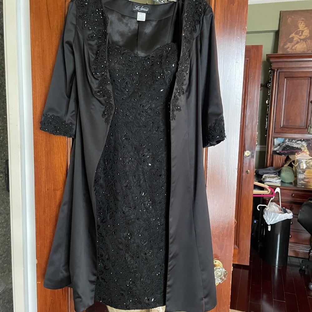 La Femme Elegant Black embroidered and beaded dress and jacket set.